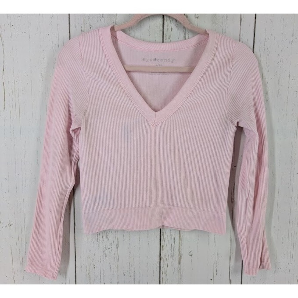 Eye Candy Size L/XL Light Pink V Neck Ribbed 3/4 Sleeve Light Pink Crop Top